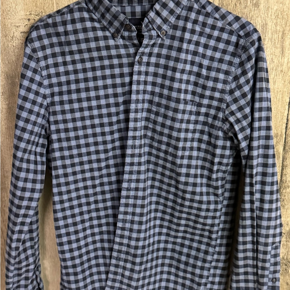 American Eagle Outfitters Navy and Gray Plaid Shirt